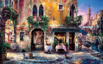 Paysage urbain œuvres - Soirée dans les scènes modernes de ville de café de Venise